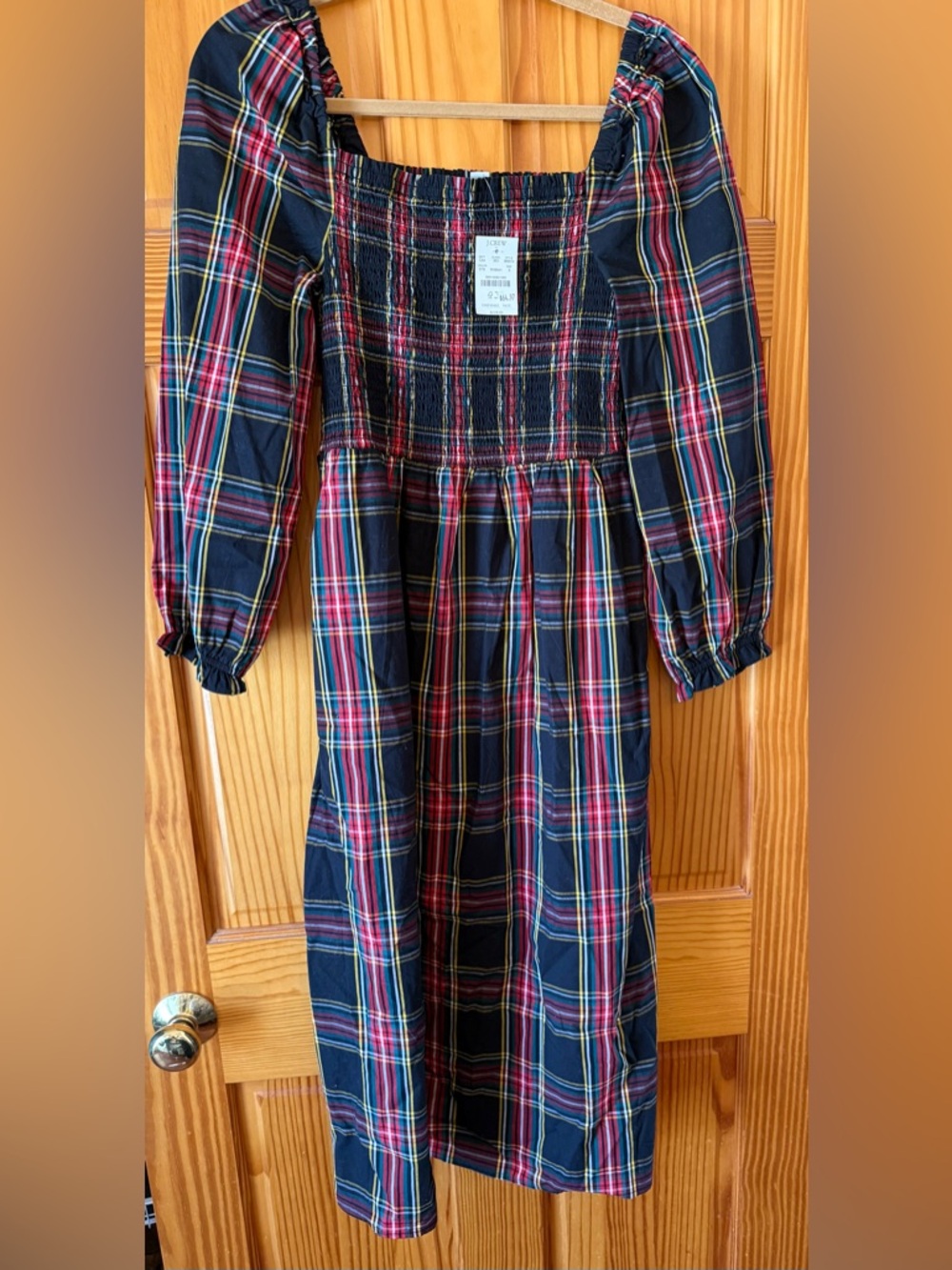 J. Crew Navy, Red and Yellow Plaid Smocked Long Sleeve Midi Dress